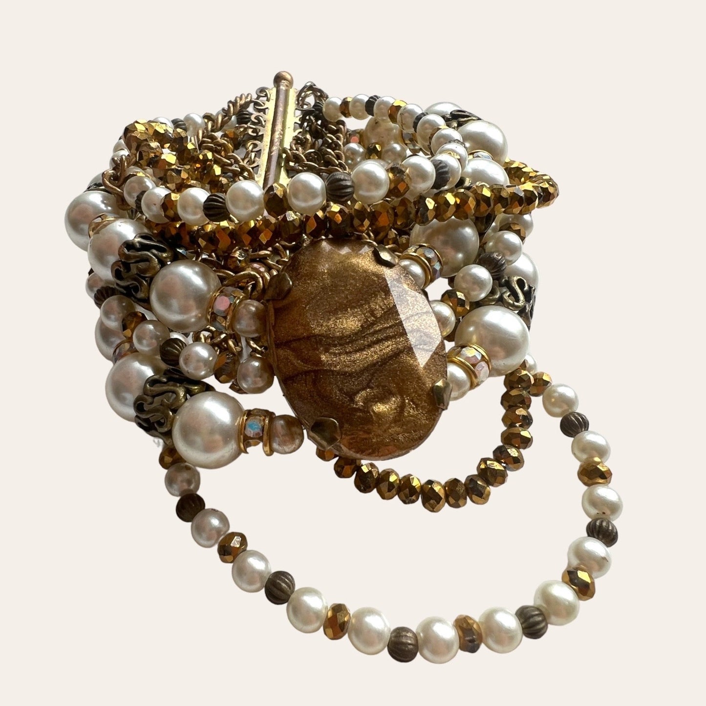 Gold Tone and Faux Pearls Multistrand Bracelet
