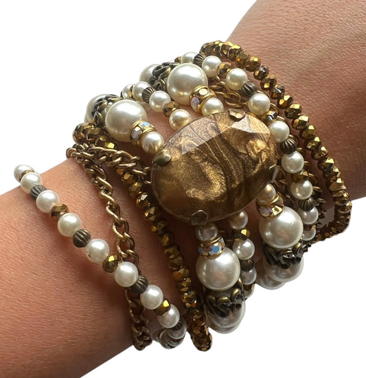 Gold Tone and Faux Pearls Multistrand Bracelet