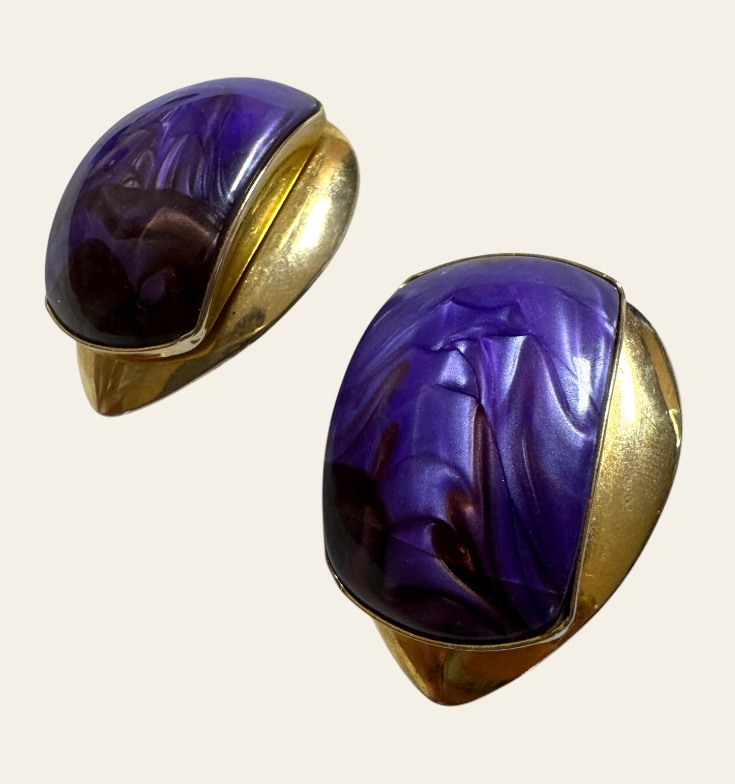 Large 1980s Purple Lucite & Gold Tone Clip On Earrings