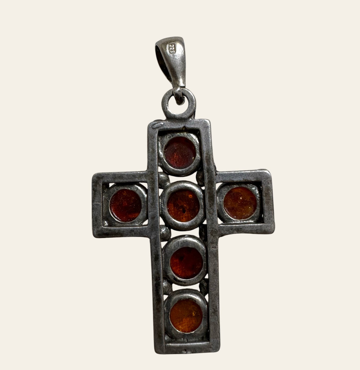 Sterling Silver & Baltic Amber Cross Pendant (Marked 925)