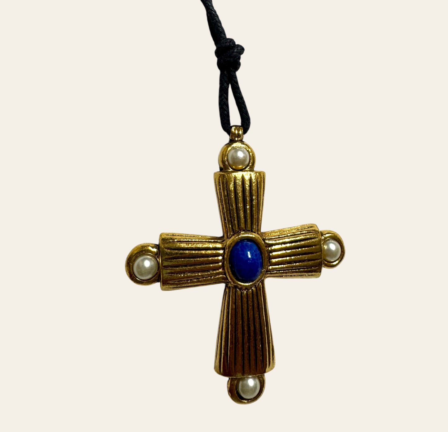 Vintage Gilded Cross Pendant with Lapis Center & Simulated Pearls
