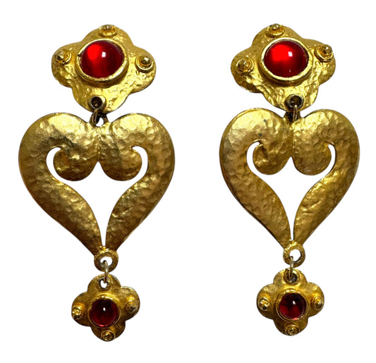 Vintage Massive Runway Red Cabochon Heart Drop Clip On Earrings
