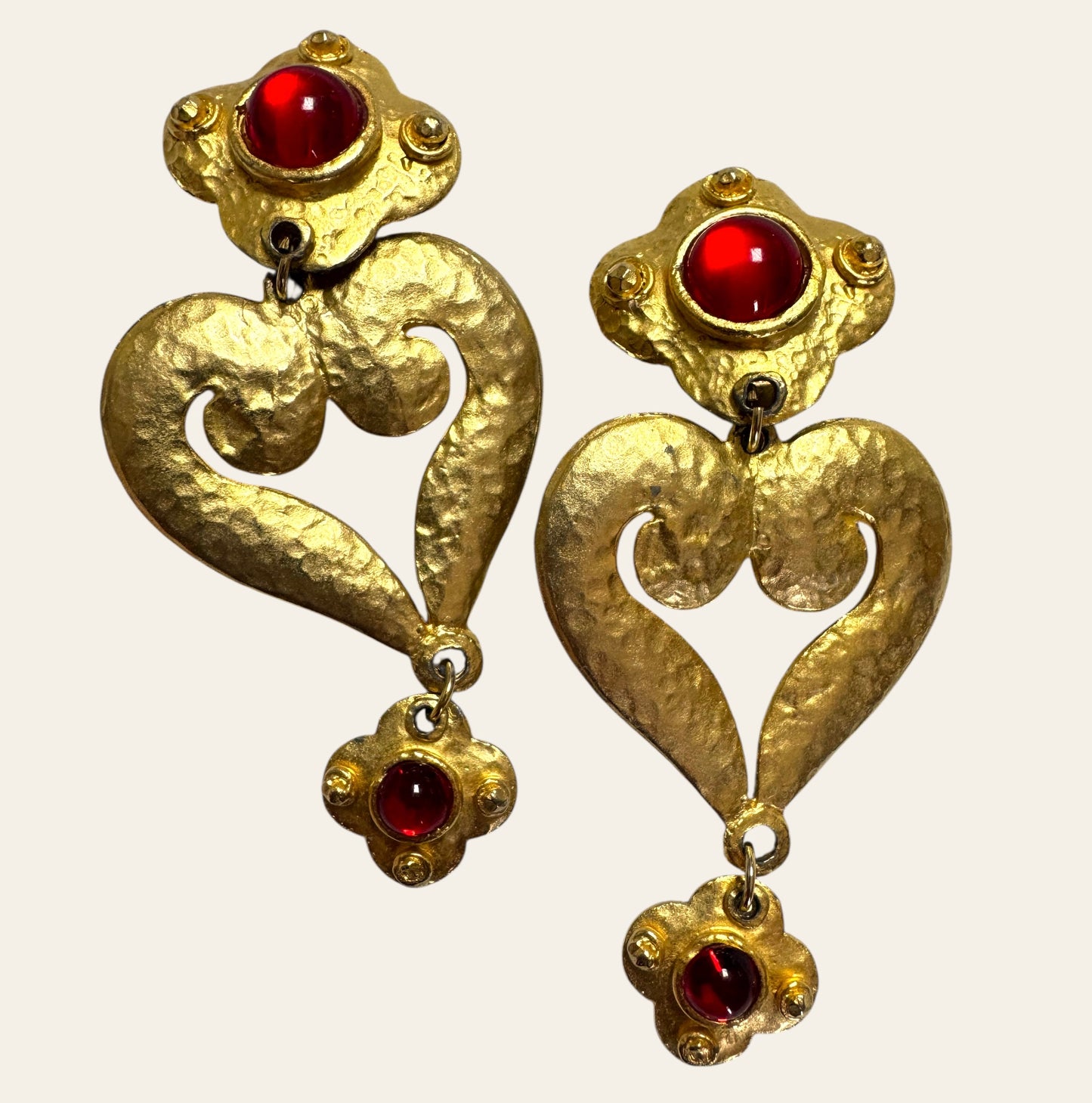 Vintage Massive Runway Red Cabochon Heart Drop Clip On Earrings