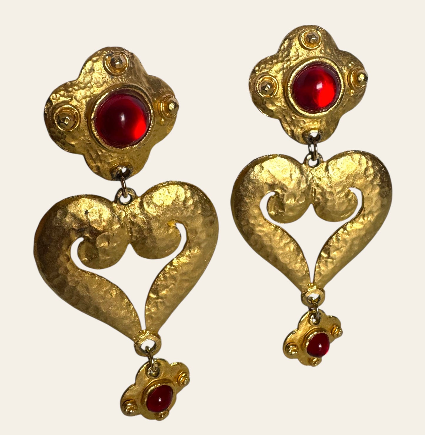 Vintage Massive Runway Red Cabochon Heart Drop Clip On Earrings