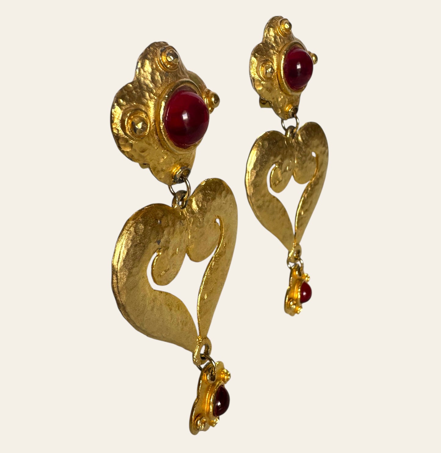 Vintage Massive Runway Red Cabochon Heart Drop Clip On Earrings