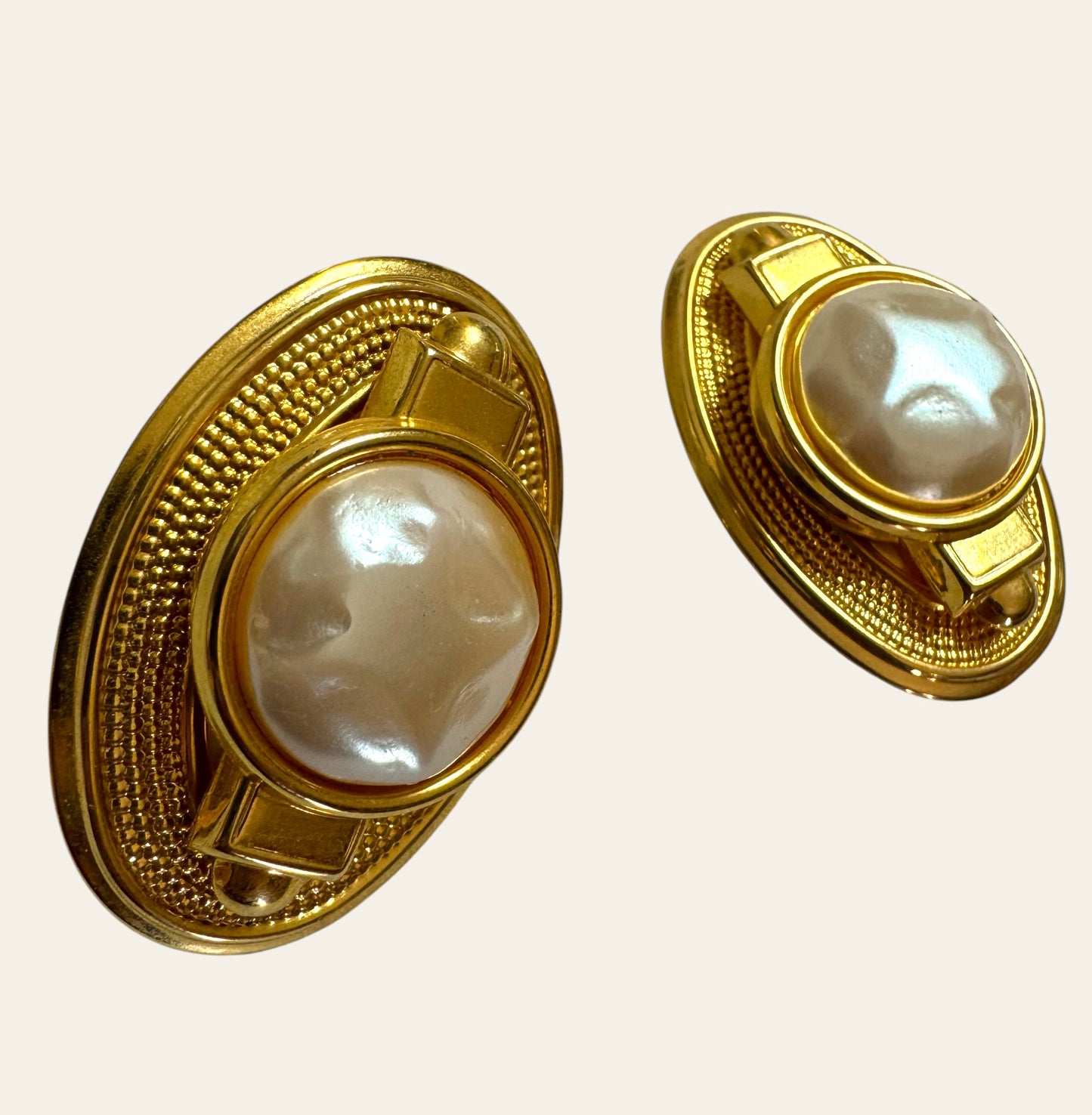 XL 1980s Oval Clip On Earrings with Baroque Pearl Cabochons