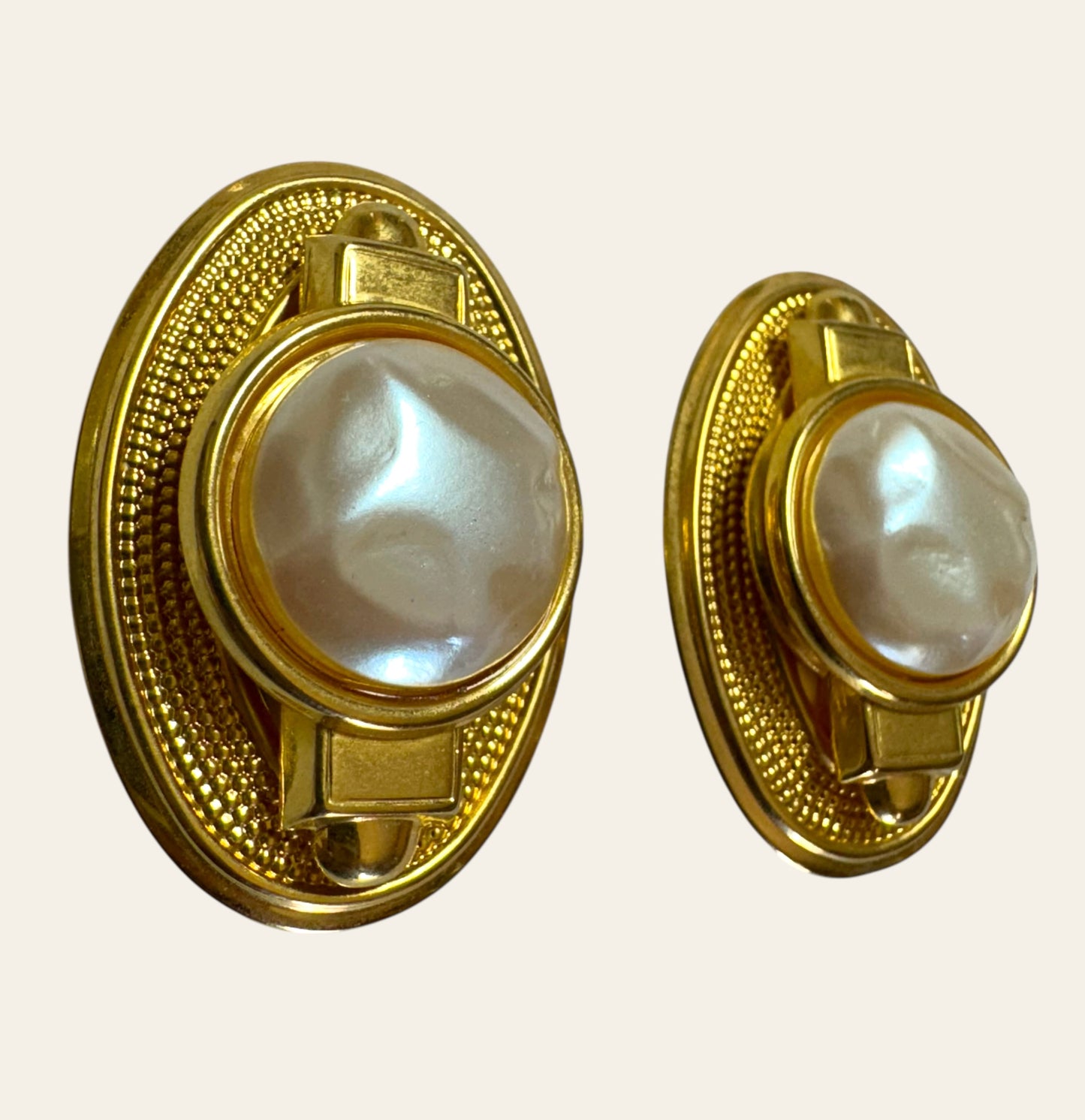 XL 1980s Oval Clip On Earrings with Baroque Pearl Cabochons