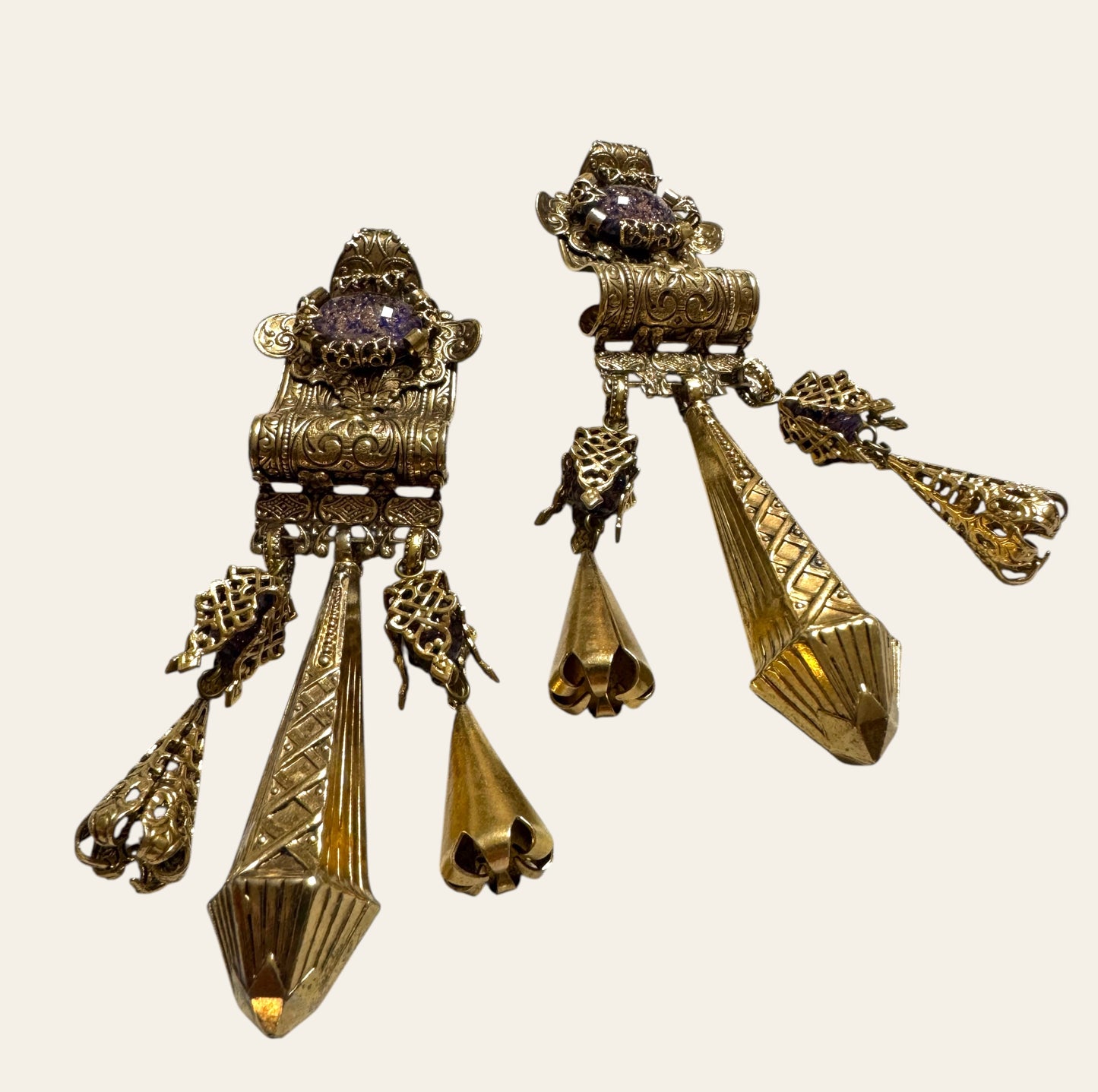 1990's Massive Zoe Coste Clip On Baroque Dangle Earrings