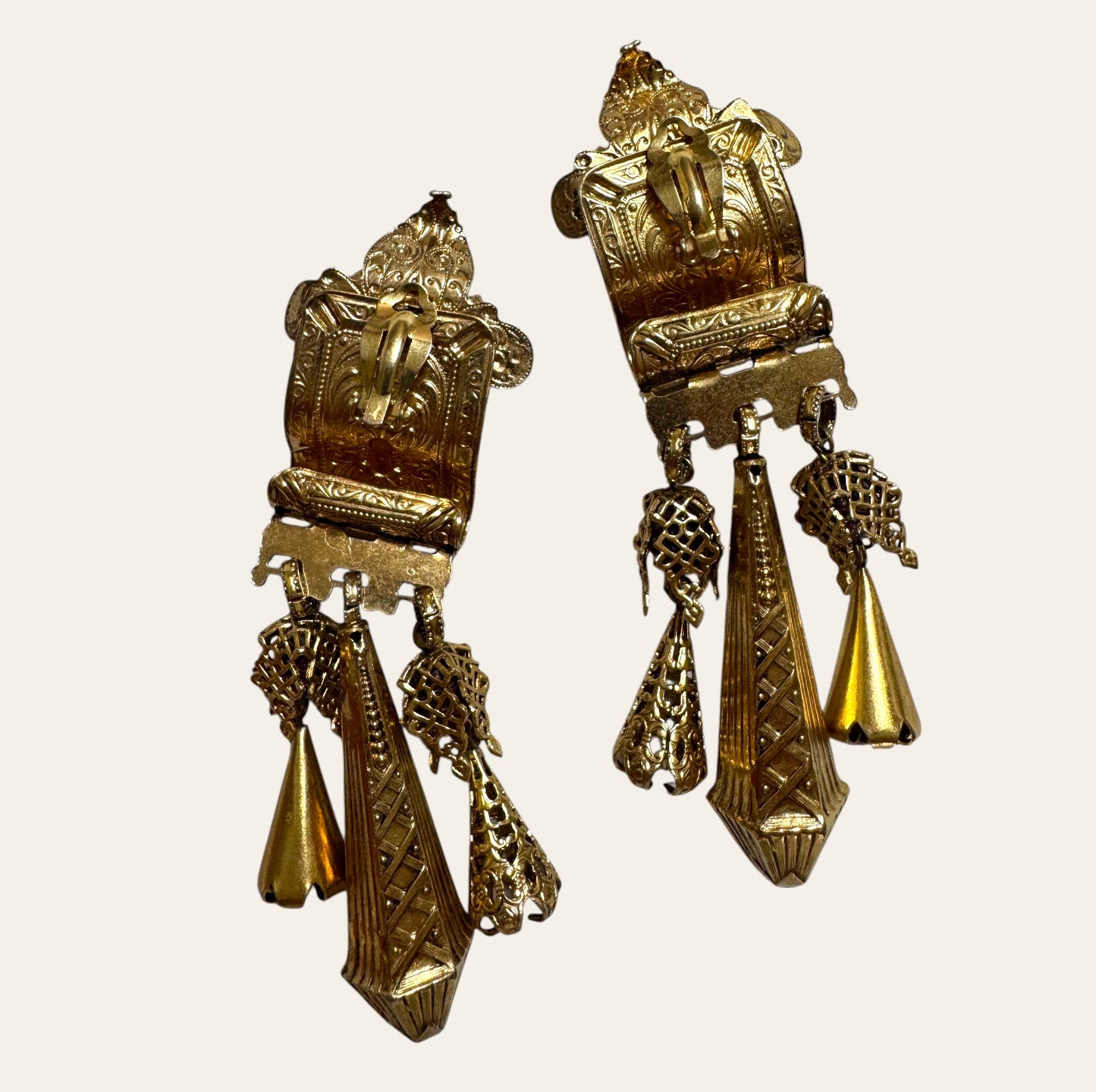 1990's Massive Zoe Coste Clip On Baroque Dangle Earrings