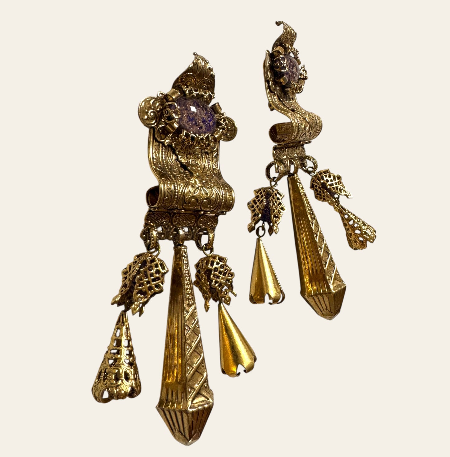 1990's Massive Zoe Coste Clip On Baroque Dangle Earrings
