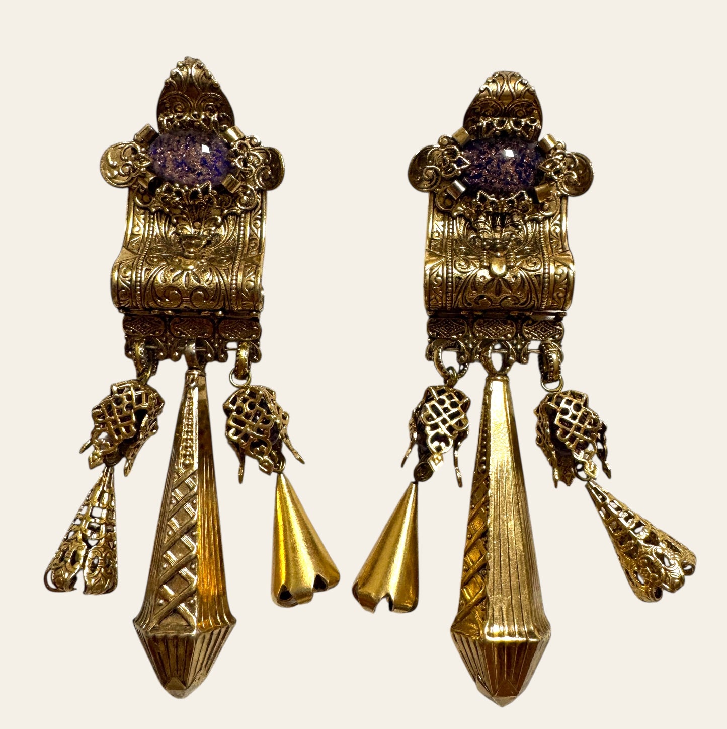 1990's Massive Zoe Coste Clip On Baroque Dangle Earrings