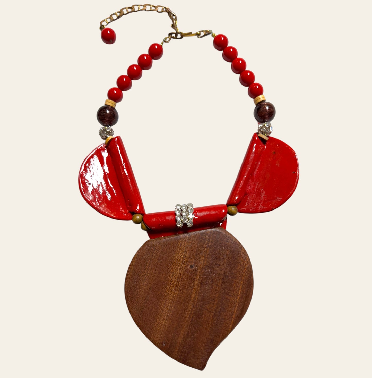 1980's Massive Avant-Garde Red and Wood Statement Necklace