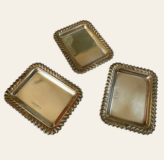 Set of Three Antique English Solid Sterling Silver Trays — Rococo Rope Edge Design, RC Maker’s Mark (London, 1920s)