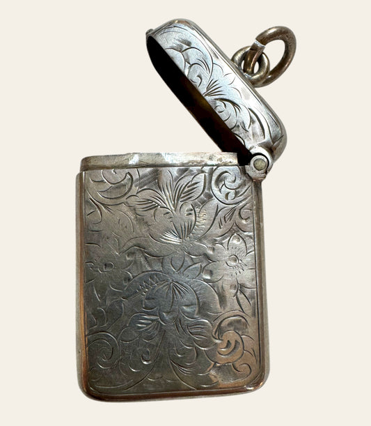 Victorian Sterling Silver Vesta Pendant — Floral Engraved Match Safe Necklace (c.1880s)