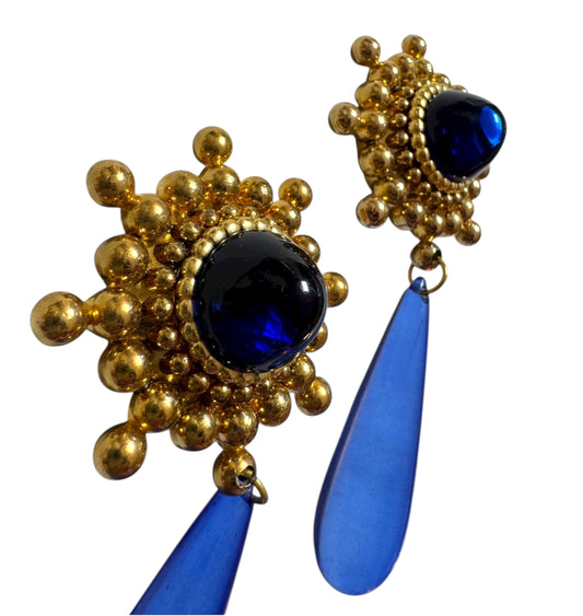 Massive Vintage Blue Gold Statement Clip On Earrings