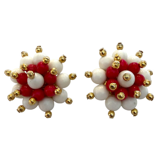 1960's Red And White Beaded Clip On Earrings