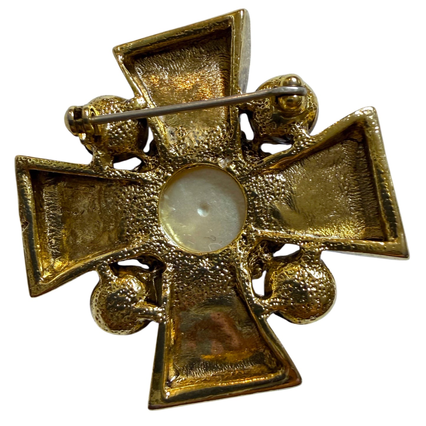 1980's Maltese Cross Brooch with Faux Pearl