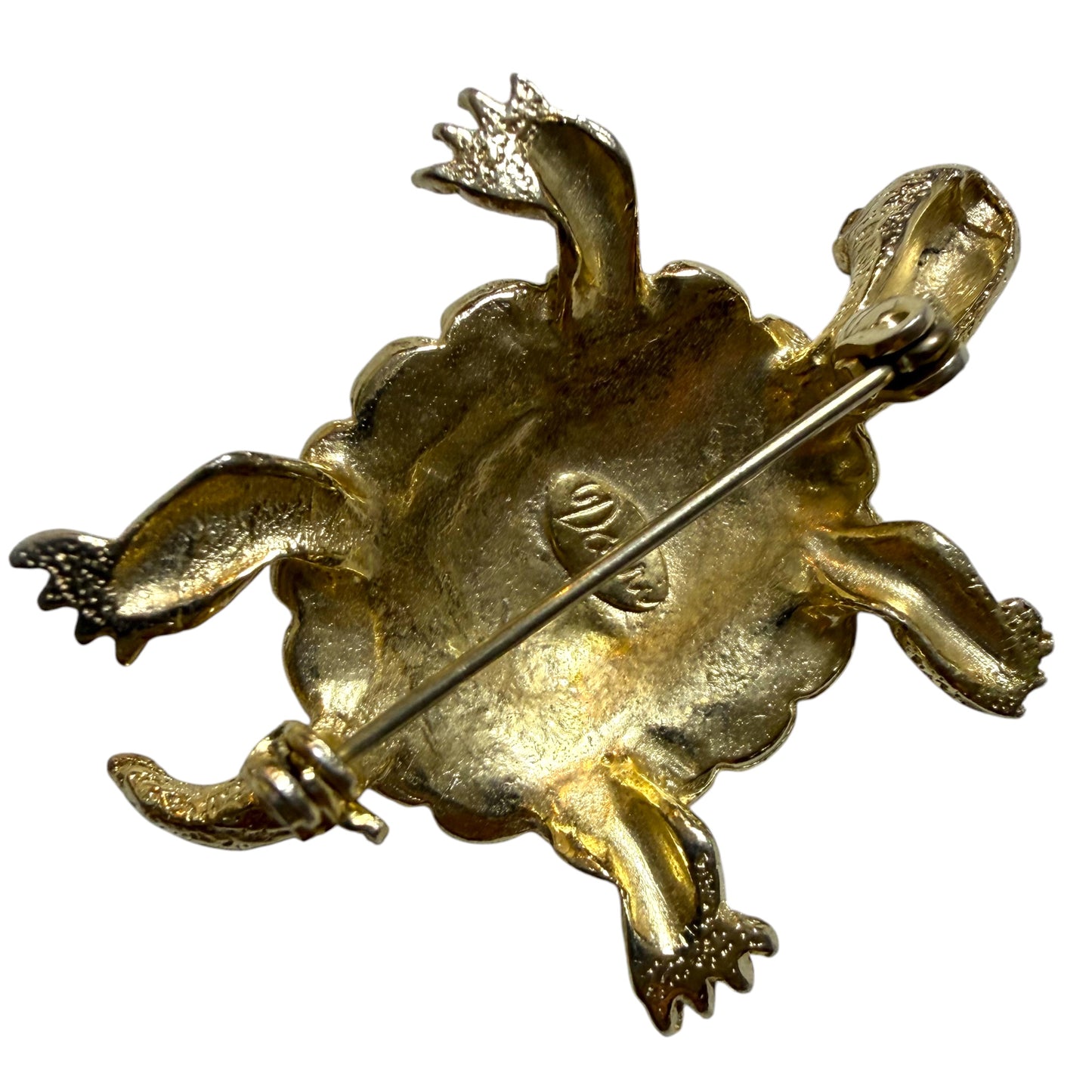 Signed Gold Tone Pink Shell Turtle Brooch