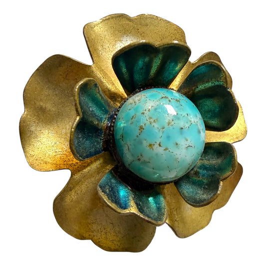 Flower Brooch with Blue Faux Painted Cabochon