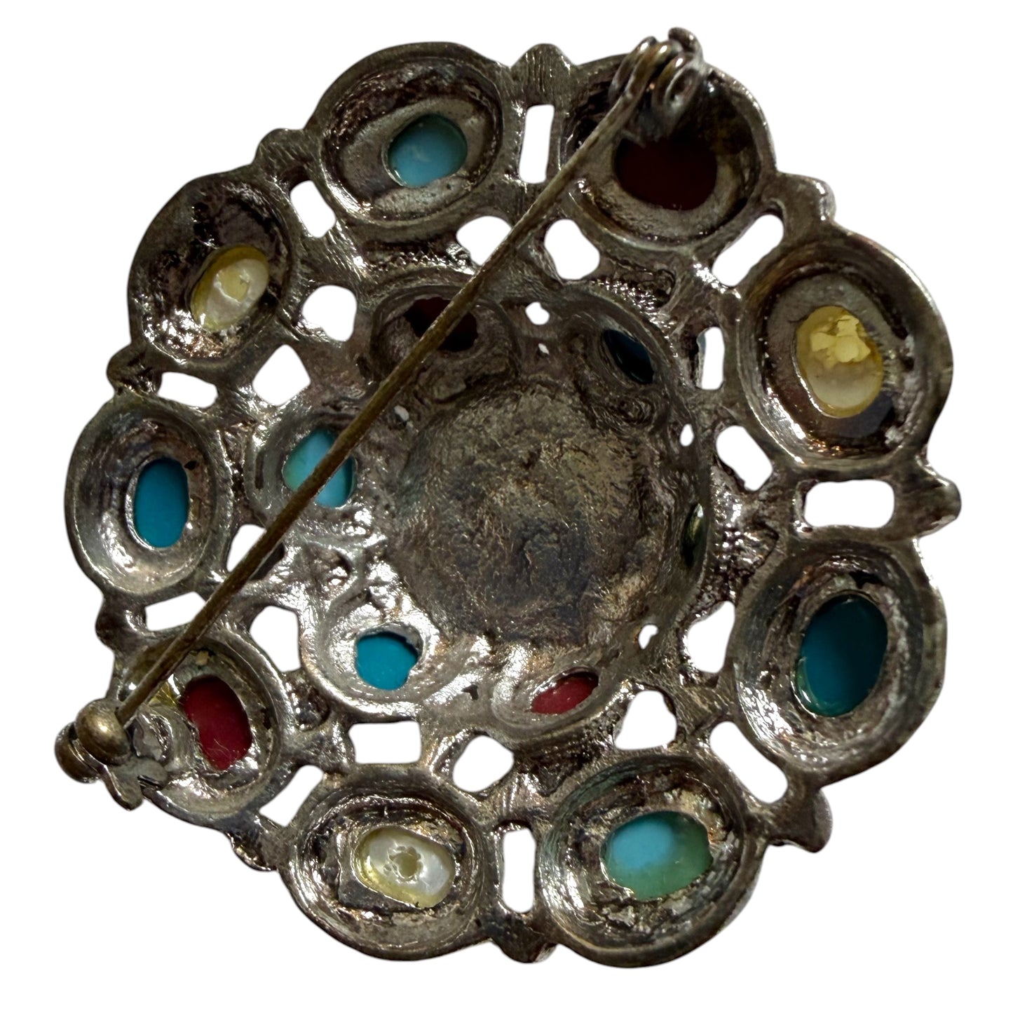 Silver Tone Brooch with Faux Cabochons