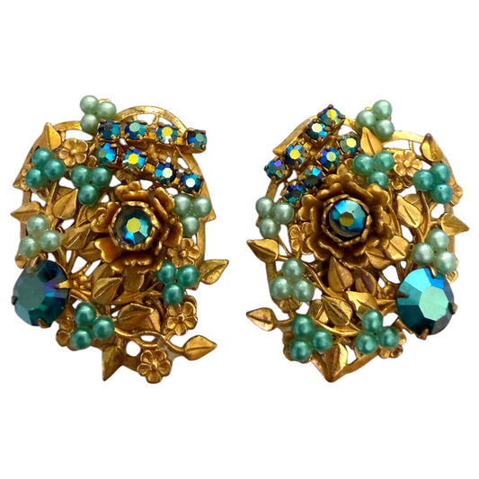 1950s Blue-Green Botanical Clip On Earrings