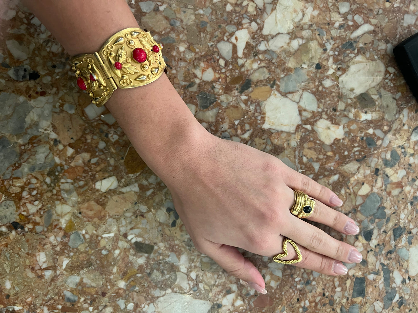 Decorative Rich Gold Bracelet with Red Beads