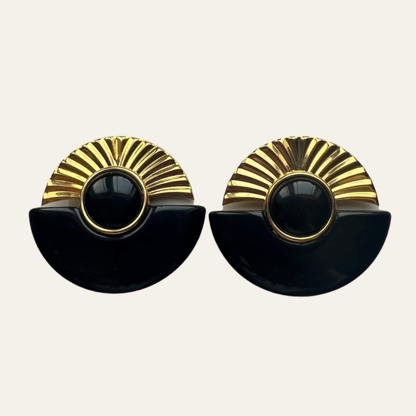 Oversized Black And Gold Tone Clip On Earrings
