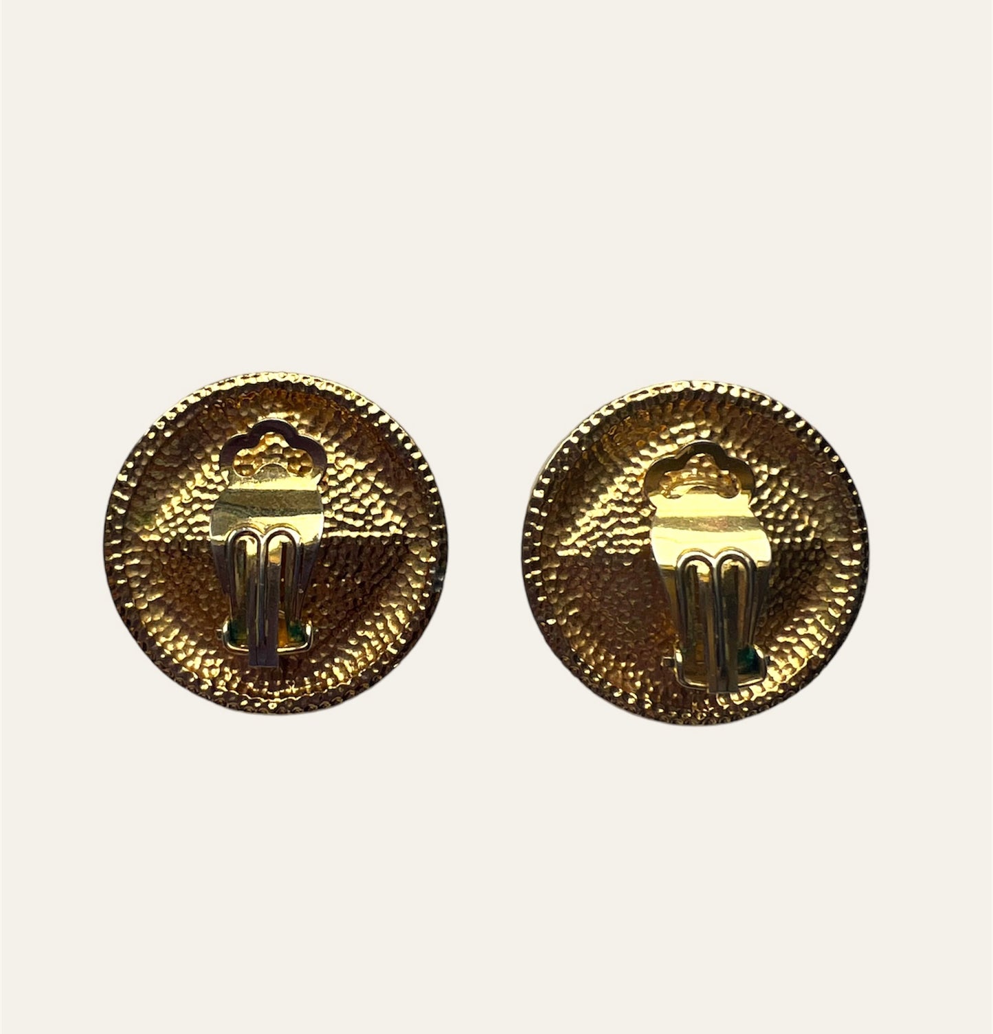 Large Circular Gold Tone Clip On Earrings With Brown Squared Rhinestones