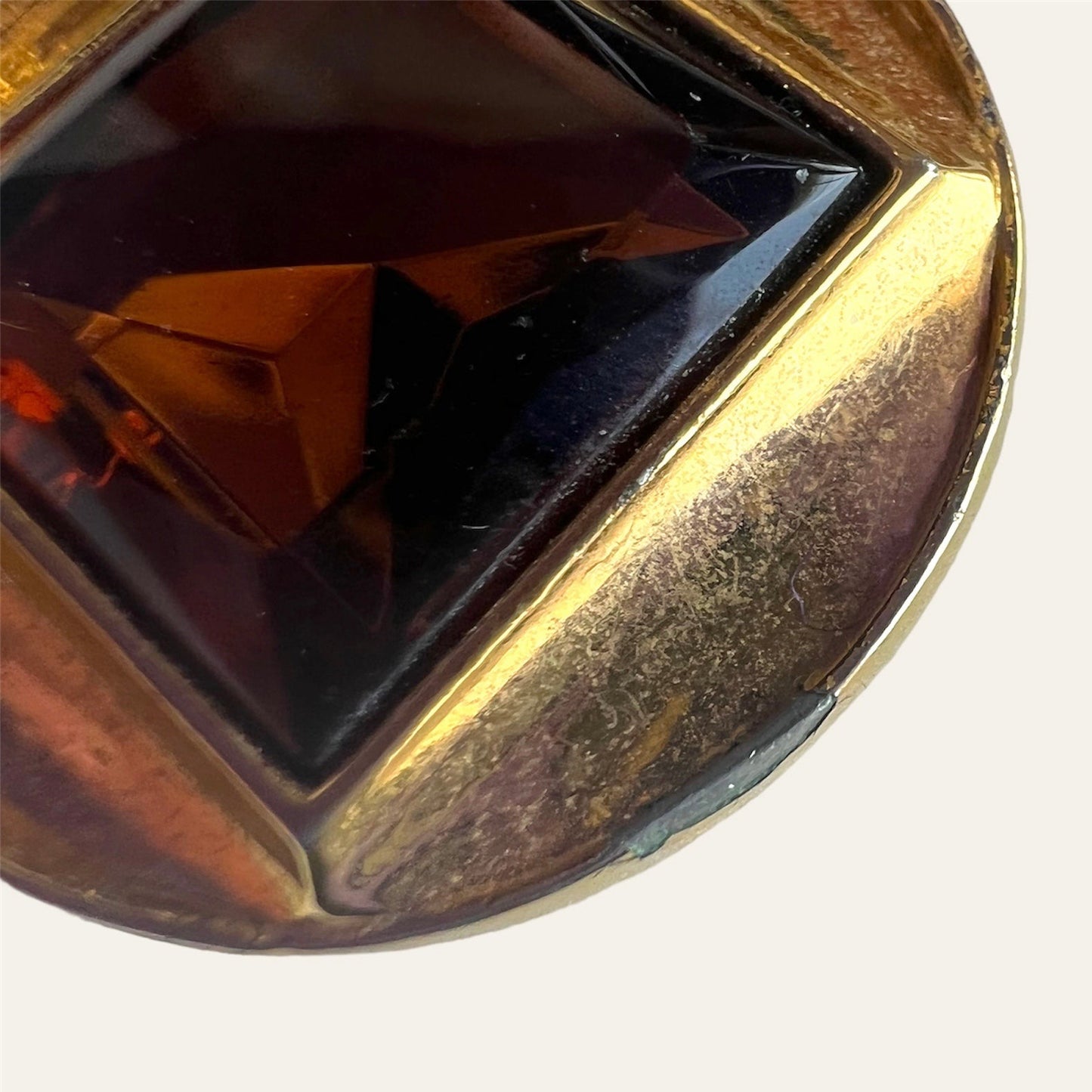 Large Circular Gold Tone Clip On Earrings With Brown Squared Rhinestones