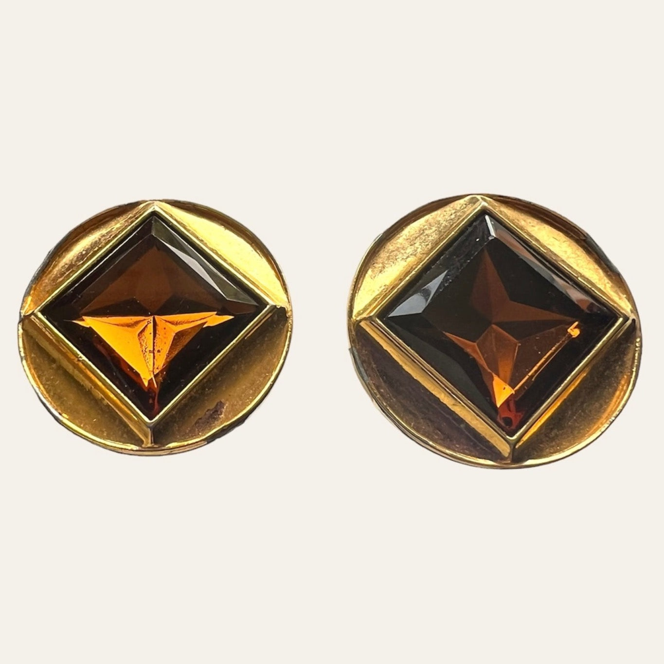 Large Circular Gold Tone Clip On Earrings With Brown Squared Rhinestones