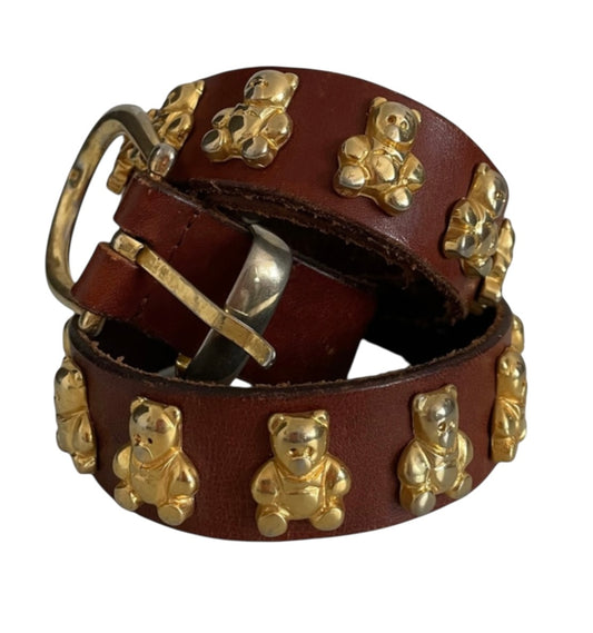 1980's brown leather & Gold Tone Bears Belt