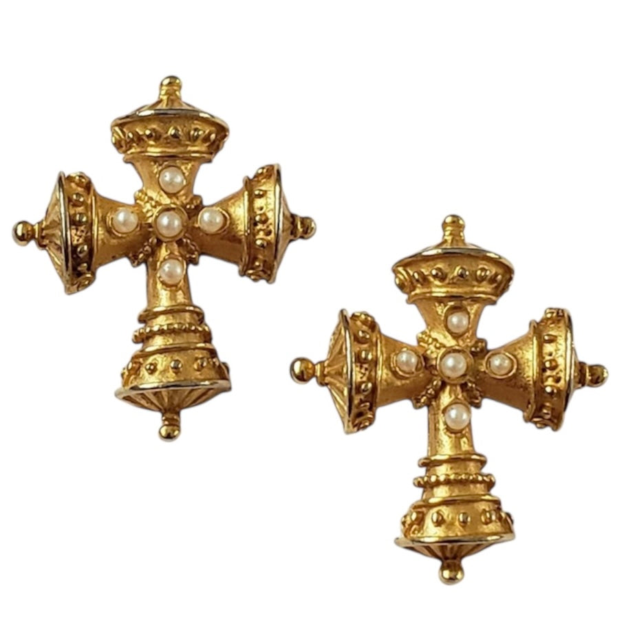 Vintage Gold Tone Cross Pierced Earrings