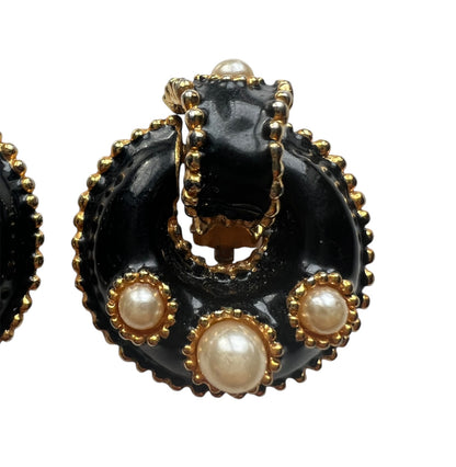 1990's Gold Tone Black Enamel Clip On Earrings