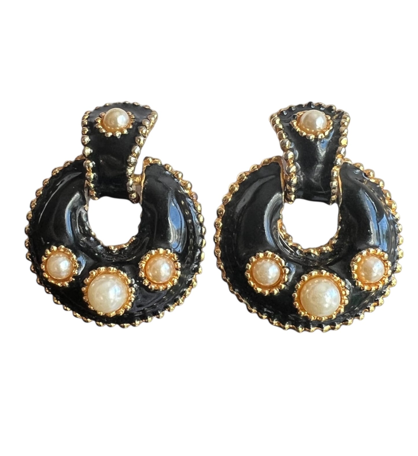 1990's Gold Tone Black Enamel Clip On Earrings
