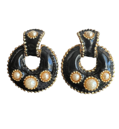 1990's Gold Tone Black Enamel Clip On Earrings