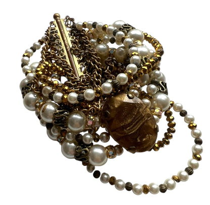 Gold Tone and Faux Pearls Multistrand Bracelet