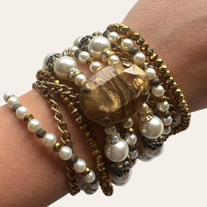 Gold Tone and Faux Pearls Multistrand Bracelet
