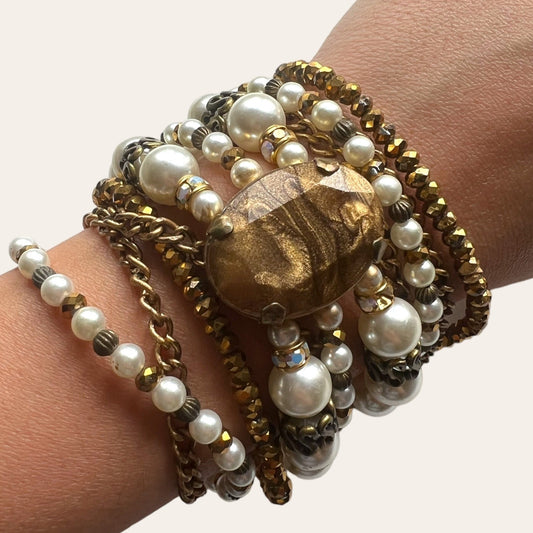 Gold Tone and Faux Pearls Multistrand Bracelet