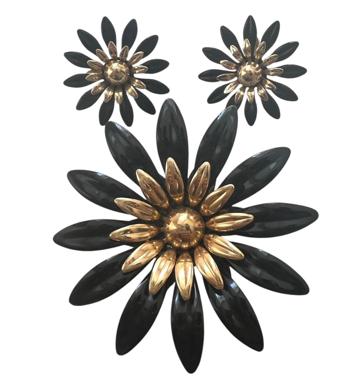 Sarah Coventry Black Flower Brooch And Earrings Set