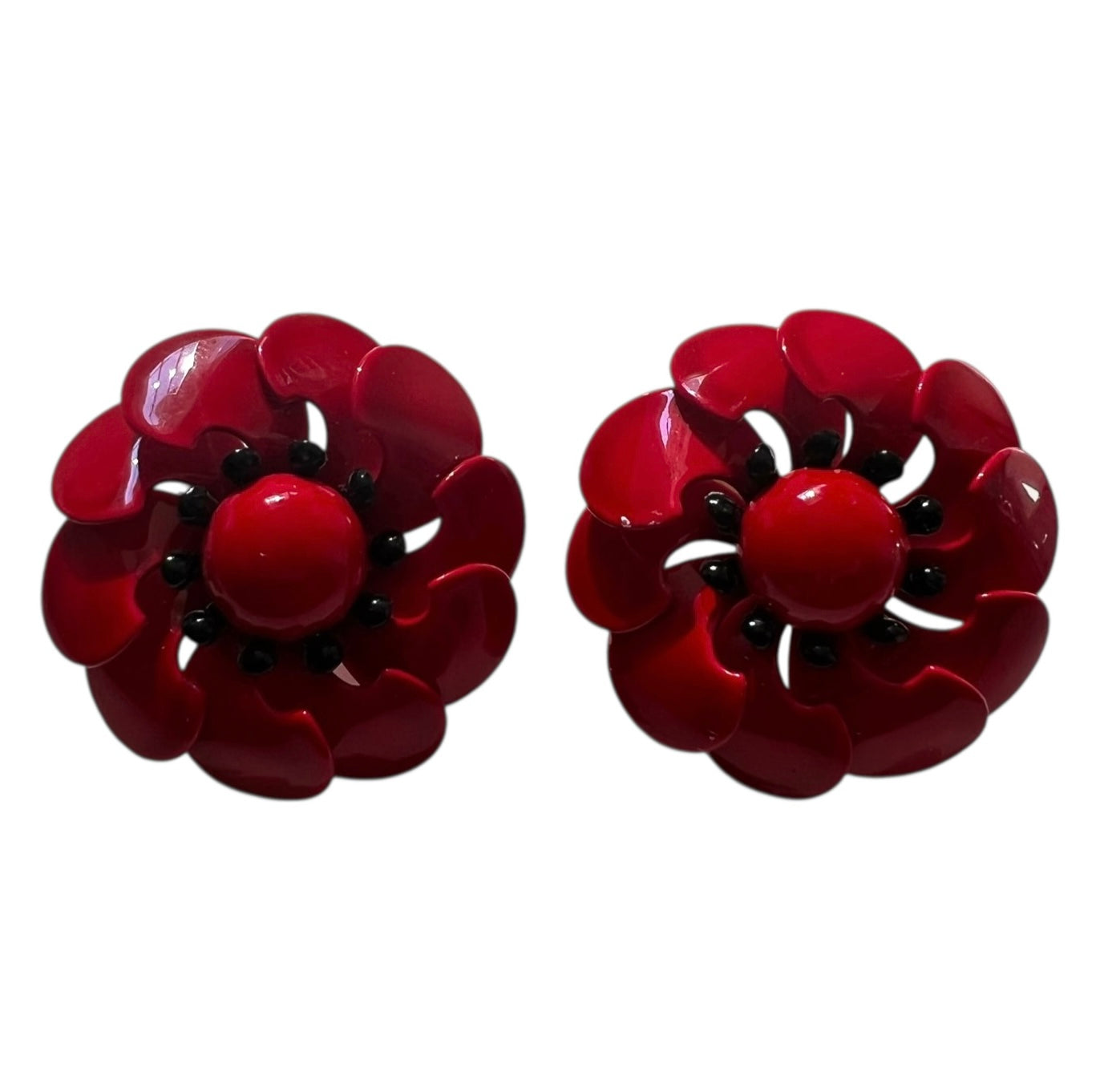 3D Red Flower Clip On Earrings