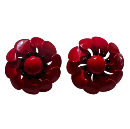 3D Red Flower Clip On Earrings