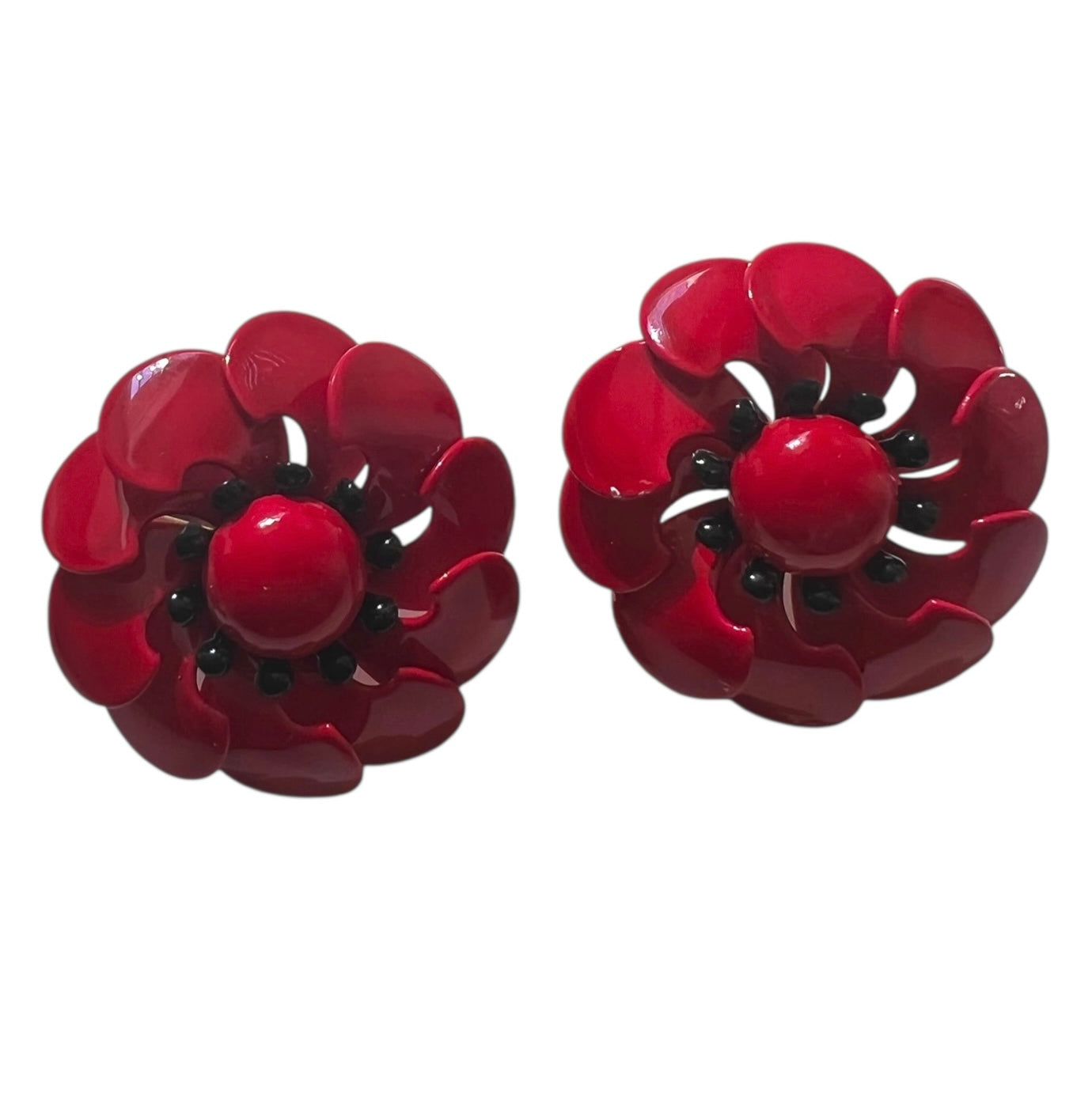 3D Red Flower Clip On Earrings