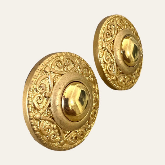1980's Big Round Gold Tone Clip On Earrings