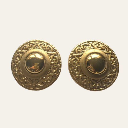 1980's Big Round Gold Tone Clip On Earrings