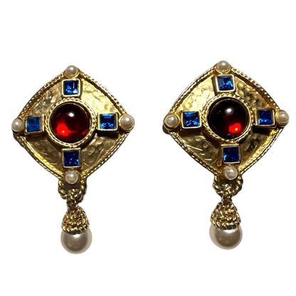 1980's Dangle Earrings With Red Cabochons