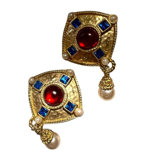 1980's Dangle Earrings With Red Cabochons