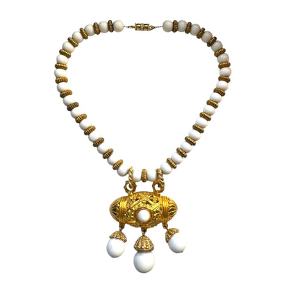 Les Bernard White And Gold Beaded Necklace