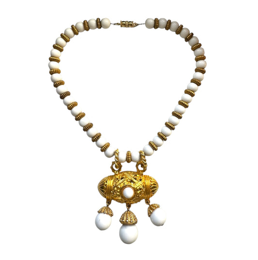 Les Bernard White And Gold Beaded Necklace