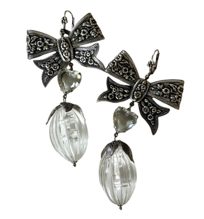 Silver Knots With Crystal Hearts Drop Earrings