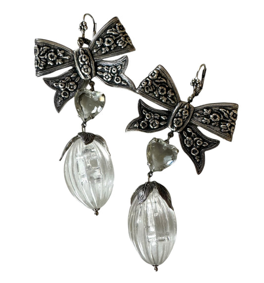 Silver Knots With Crystal Hearts Drop Earrings